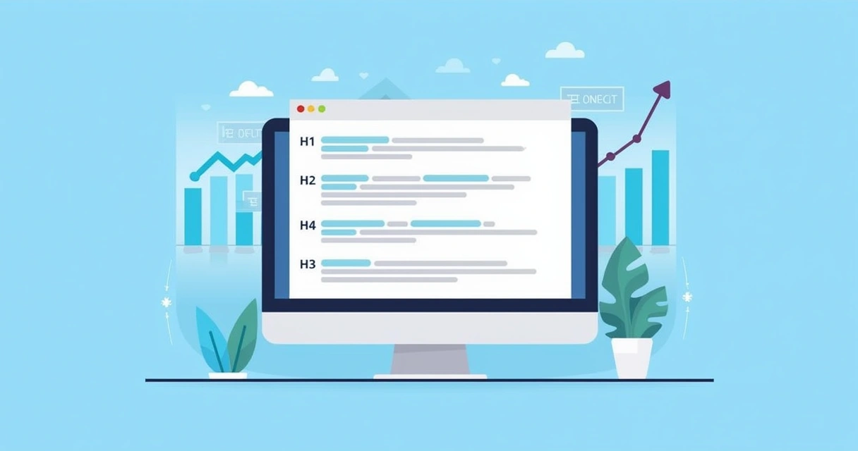 Tela de computador mostrando estrutura hierárquica de heading tags H1, H2 e H3 em um site com gráficos de performance SEO ao fundo