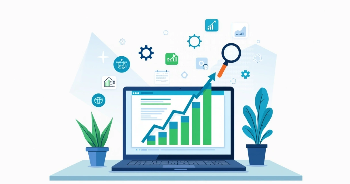 Ilustração corporativa flat mostrando um gráfico de crescimento, laptop com site aberto e ícones de SEO ao redor