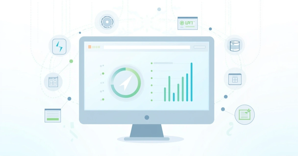 Ilustração de um computador com gráficos de desempenho e elementos de otimização de site ao redor