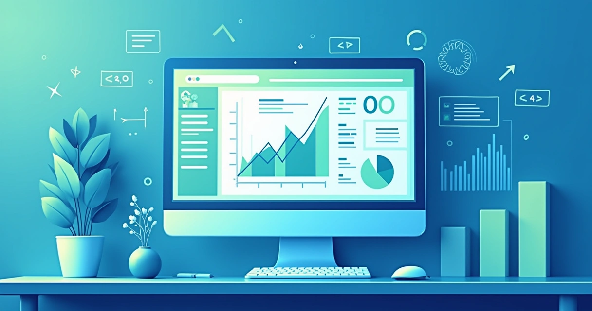 Ilustração de tela de computador mostrando análise de SEO com gráficos e códigos, em ambiente moderno e profissional