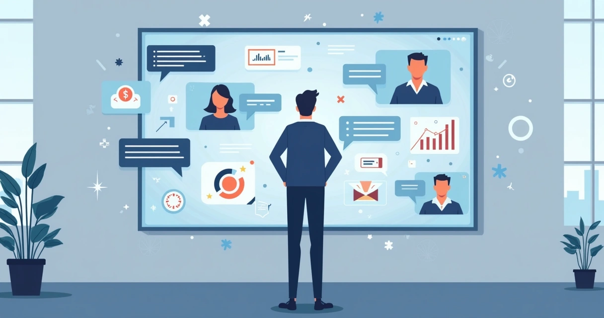 Illustration of a businessperson interacting with personalized digital marketing elements on a large transparent screen, with charts, user profiles, and conversion icons in a corporate office setting