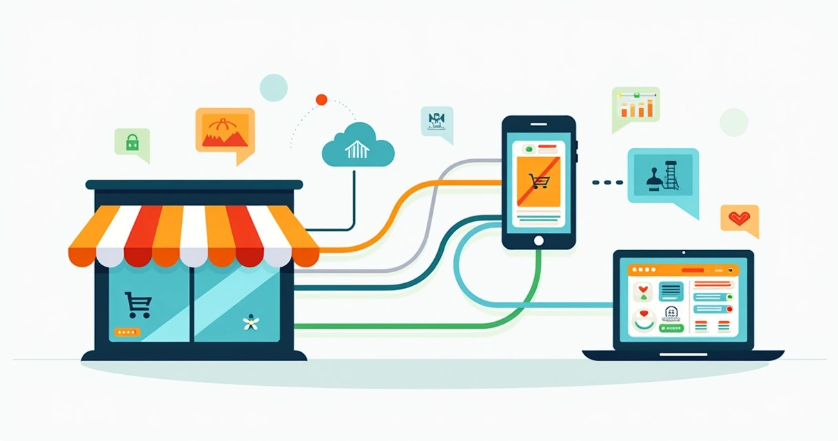 Illustration showing integration of physical and digital shopping channels with connected devices, storefront, mobile app, and data flow