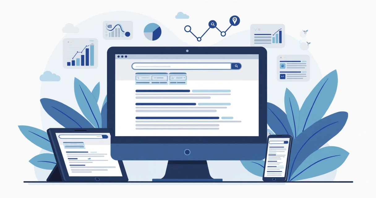 Illustration of a large computer screen showing search results with featured snippets, knowledge panels, and local packs with analytics charts and data symbols around