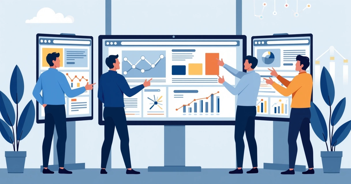 Flat illustration of a team reviewing website user interface on multiple screens with charts and UX wireframes