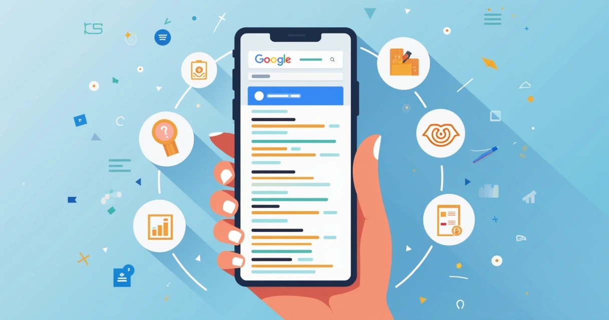 Illustration of a smartphone screen showing a Google search result with no clicks highlighted, surrounded by icons representing user actions like organic clicks, paid clicks, keyword changes, and no a