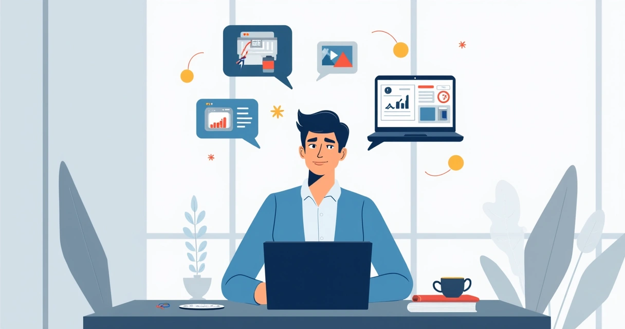 Business owner analyzing digital options on laptop with charts and decision icons