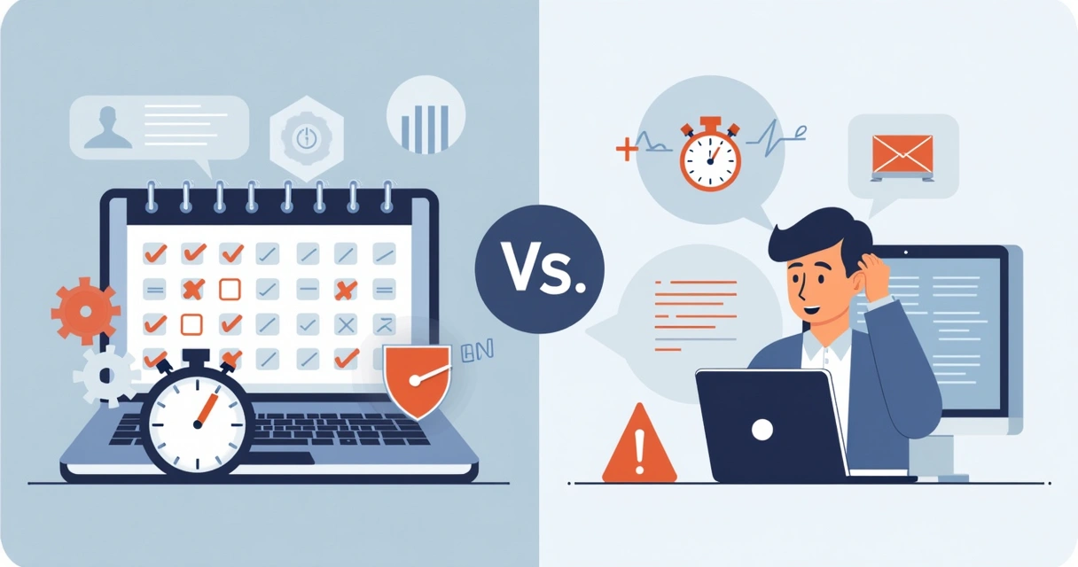 Comparison of monthly technical maintenance and on-demand support with icons and business elements