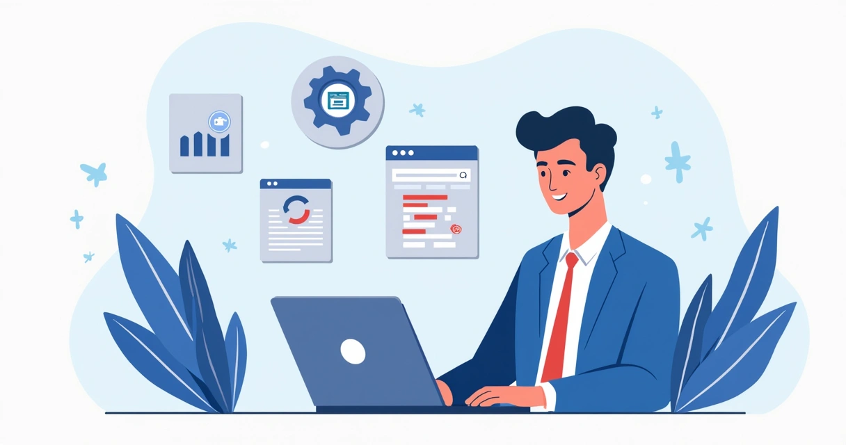 Illustration of a small business owner analyzing website indexation on a laptop with Google search and sitemap icons around